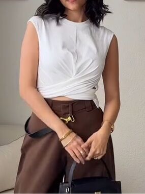 Sleeveless White Drawstring Front-Slit Top